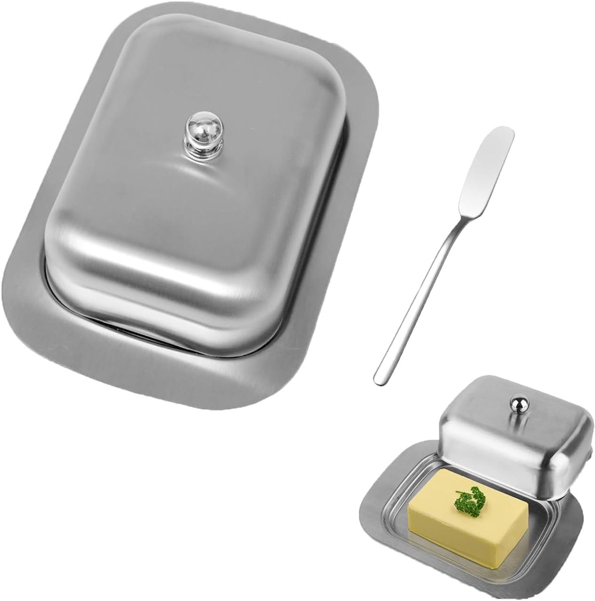 Boterdoos met deksel en handvat - roestvrij staal - 18,5 x 12,2 x 5,5 cm - veilig voor langdurige opslag - ShopVlot