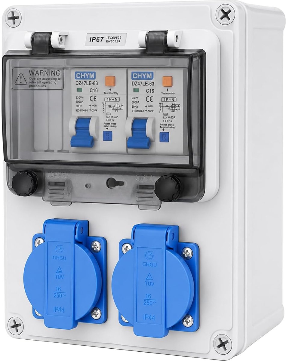 16A stroomverdeler met circuitonderbreker - IP44, 2 x 16A 230V - voor binnen en buiten - veilig gebruik op bouwplaatsen - ShopVlot