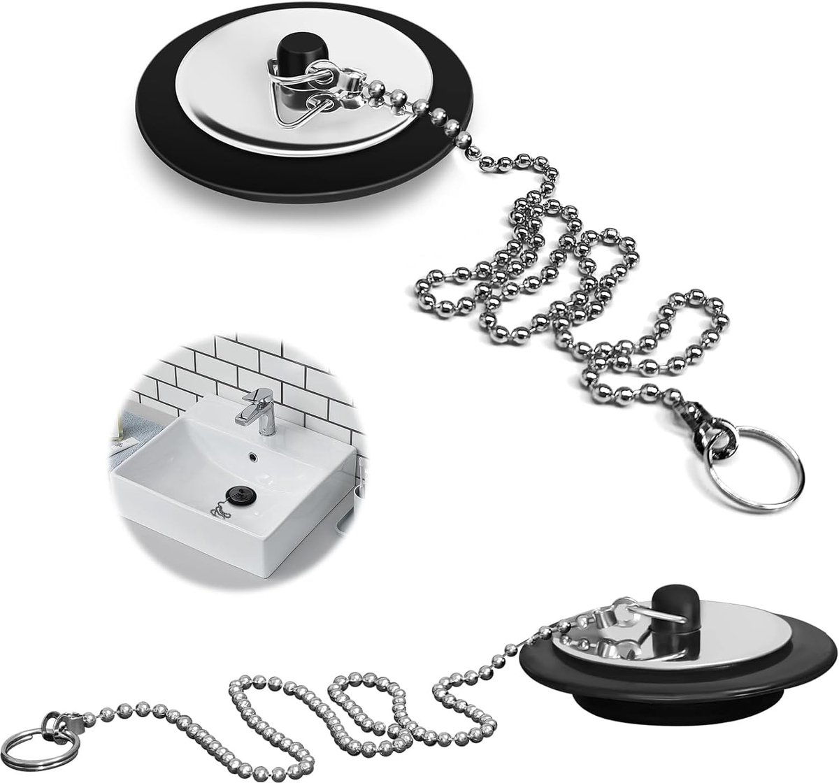 Afvoerstoppen set van 2 - Universele maat 42-45 mm - Rvs ketting - Perfecte afdichting - ShopVlot