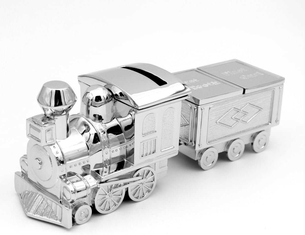 Spaarpot voor kinderen, trein melktanddoos, verzilverd, lokdoos, doopgeschenk met gravure, spaarvarken, locomotief (gravure tot 25 tekens)