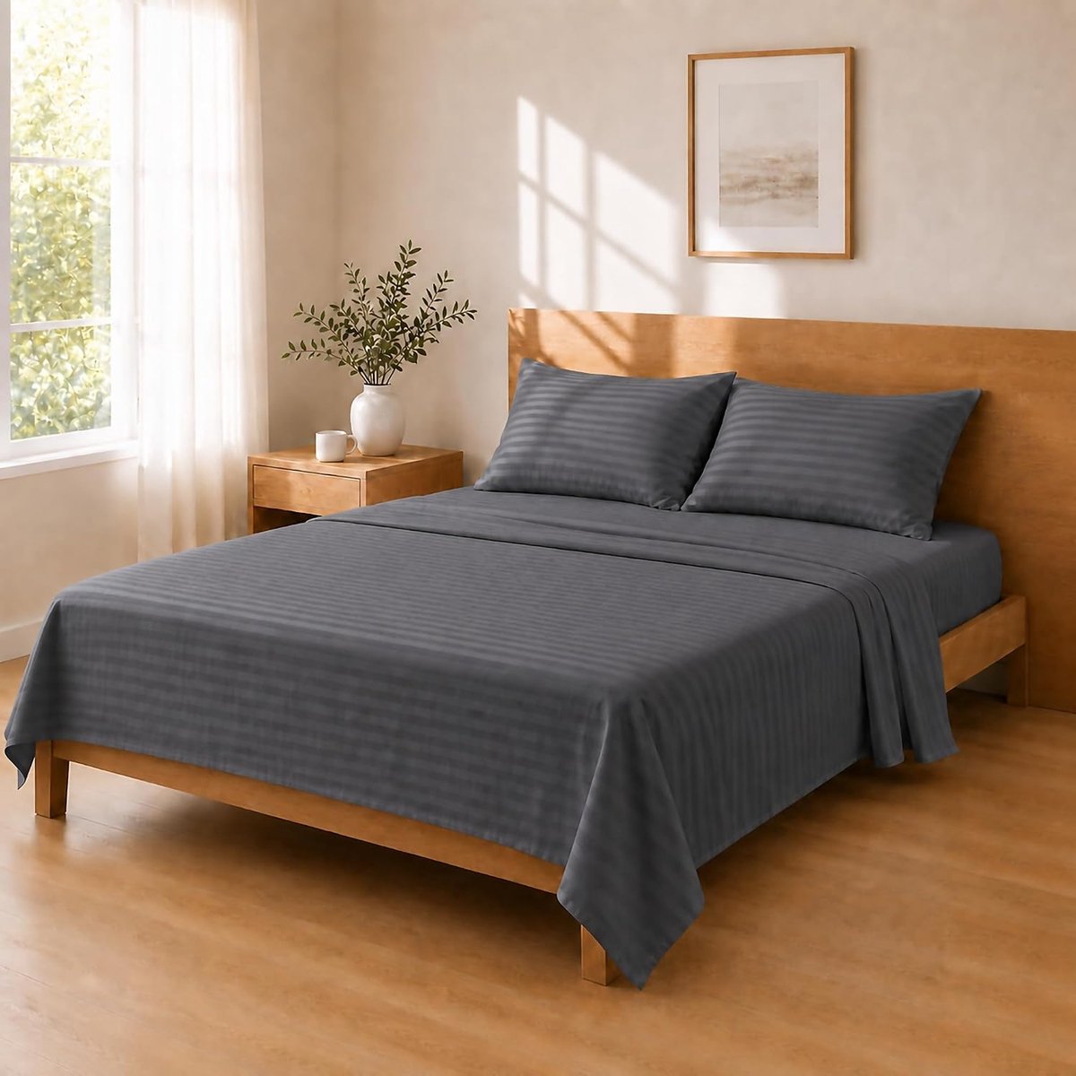 Lakenset Microvezel 180x240 / 135x200+25 / 50x80x2, Donkergrijs | Compleet lakenset in zachte microvezel: bovenlaken, hoeslaken en bijpassende kussensloop, subtiel ton-sur-ton gestreept.
