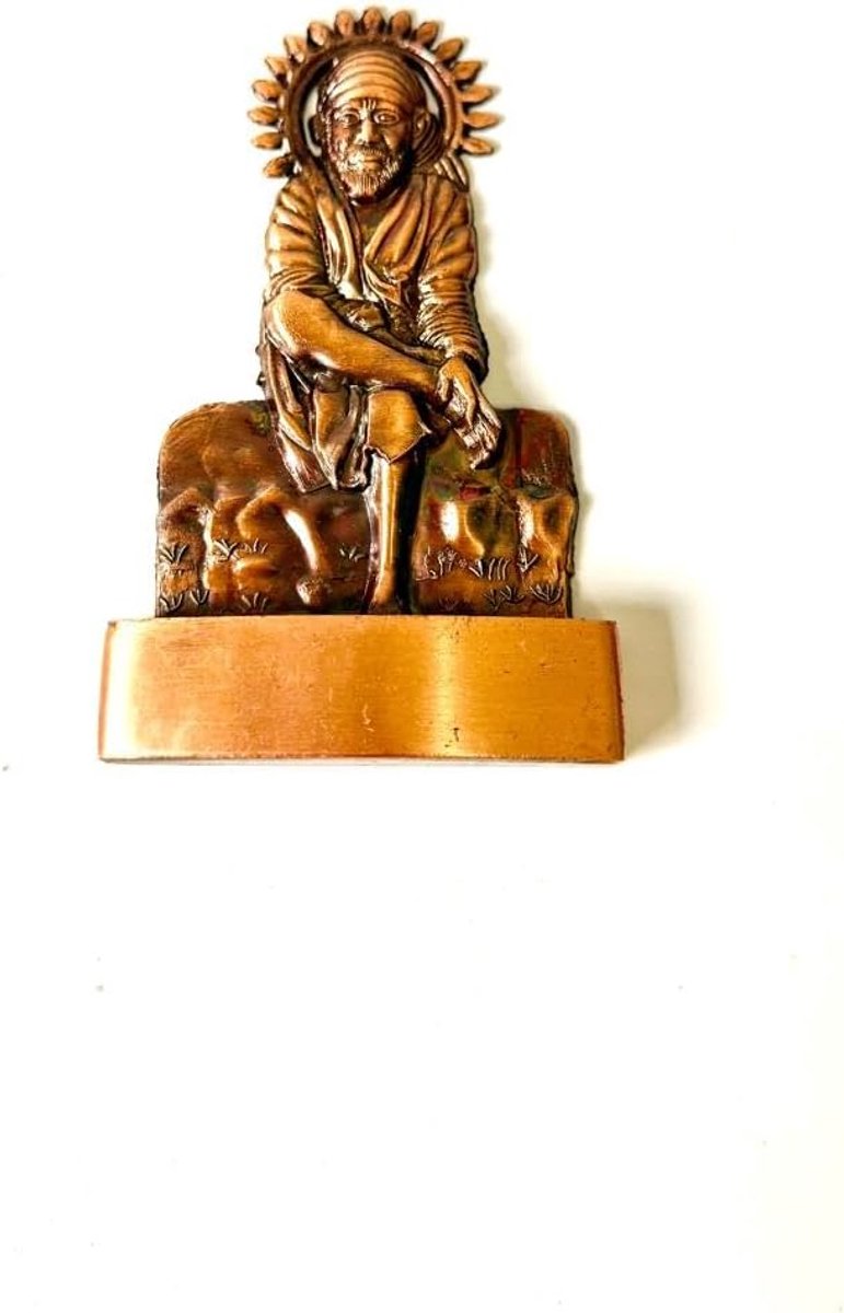 Houten Sai Baba standbeeld, zittende houding, religieus beeldje, spiritueel decor