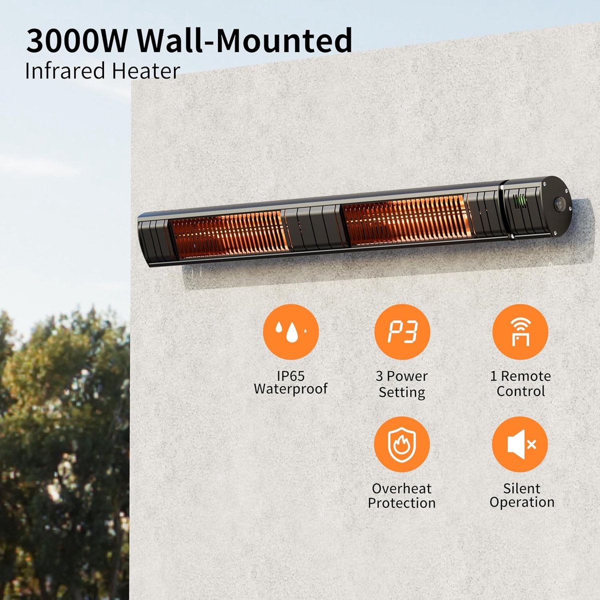 Terrasverwarmer, infraroodstraler, 3000 W, elektrische warmtestraler met 3 warmtestanden, wandmontage, IP65 waterdicht, infrarood terrasverwarming voor tuin, terras en balkon, zwart – foto 4