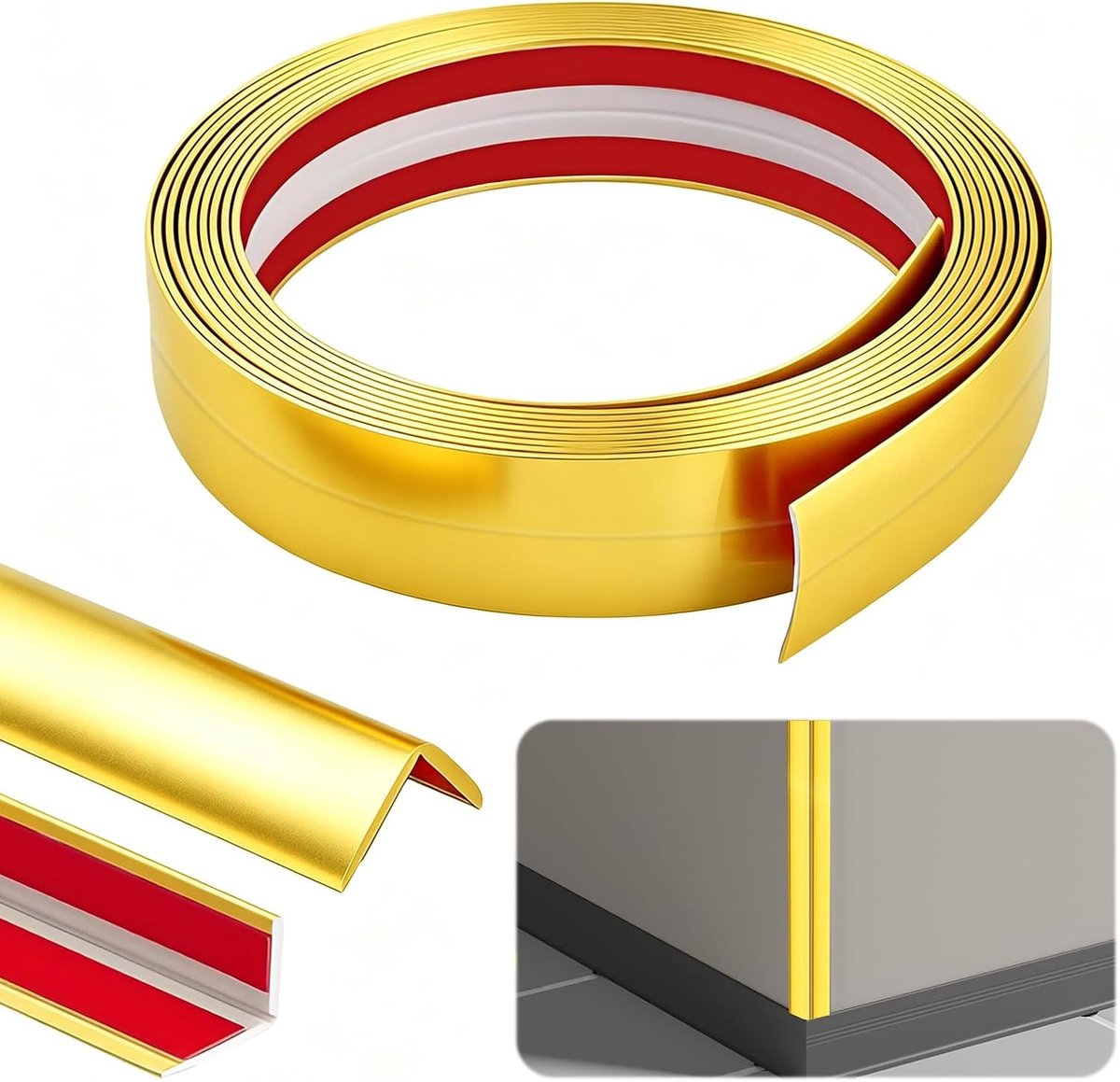 zelfklevend, 2 cm x 2 cm x 4 m, hoeklijst, zelfklevend, pvc, flexibele zachte plint randbescherming, hoeklijst voor deuren, ramen, muren (goud)