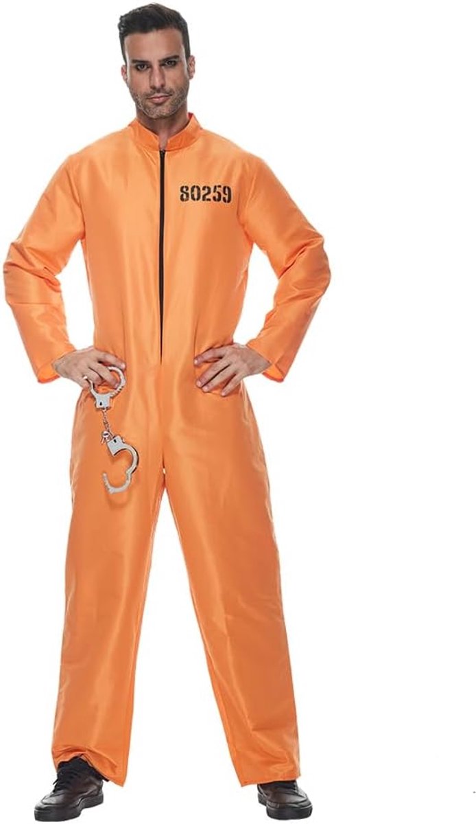 Volwassen mannen oranje gevangenisuniform feestkostuum Halloween gevangenis gevangeniskleding