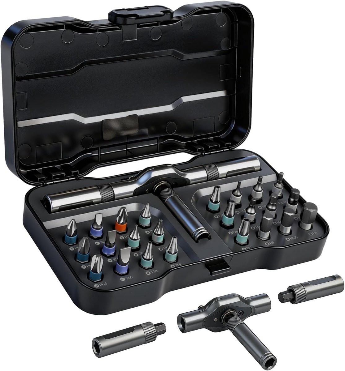 24-delige ratelschroevendraaierset, magnetische schroevendraaierset met afneembare handgreep, magnetische schroevendraaierset met S2-bits 58-tanden-ratel, fijnmechanica, gereedschap voor meubels