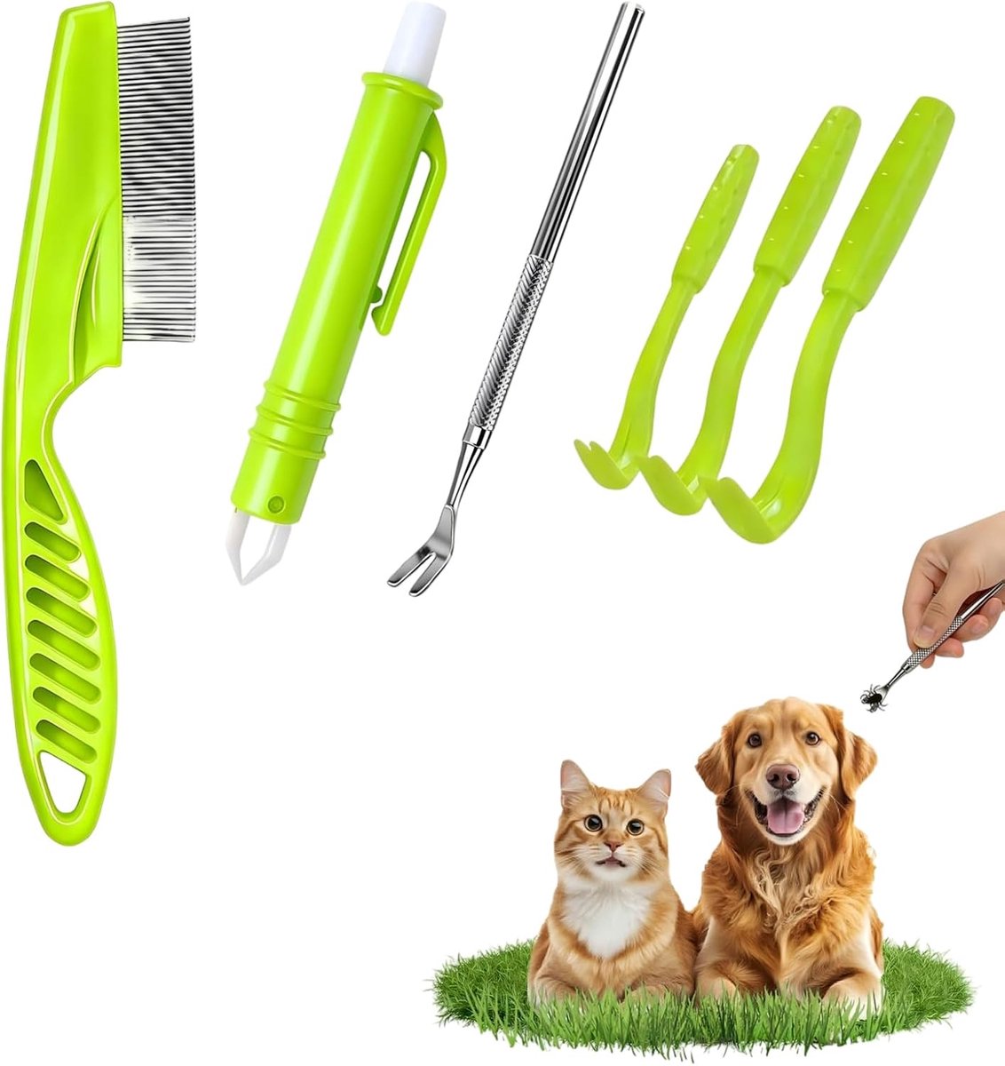 Tekenpincet, 6-in-1 tekenverwijderset met vlooienkam, draagbare roestvrijstalen vork & 3 veilige tekenhaken voor honden, katten, paarden & mensen groen