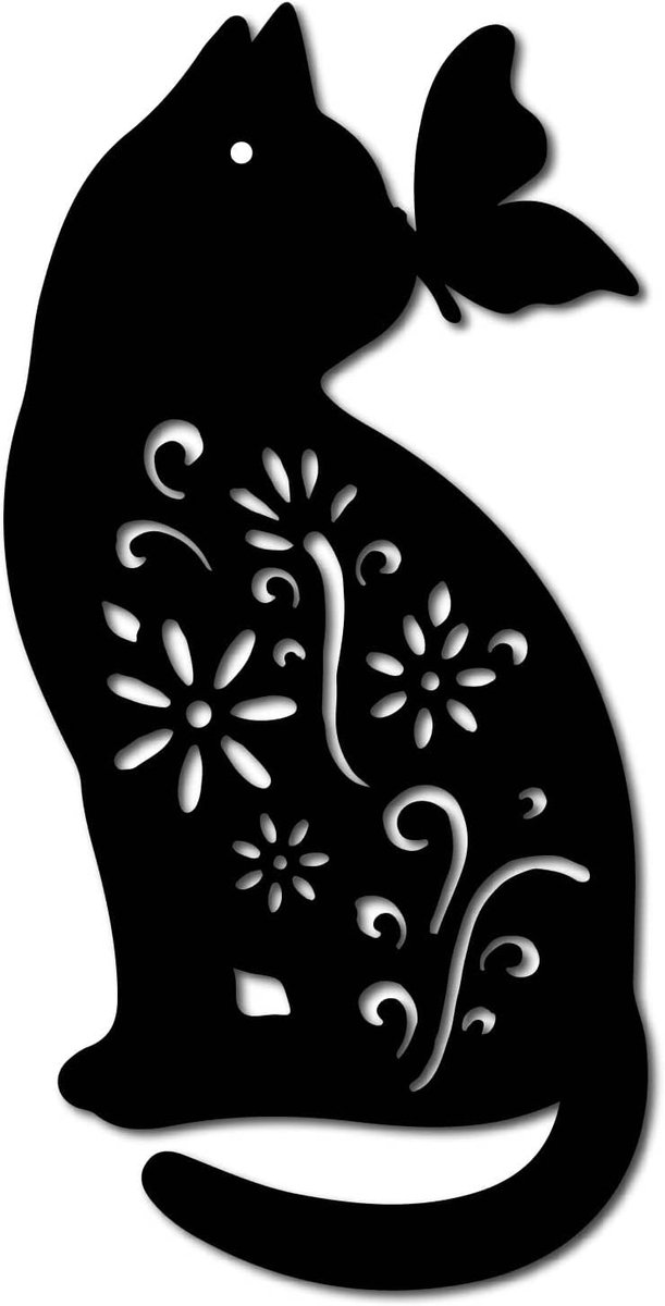 Metalen muurkunst kat dier vlinder decor muur opknoping silhouet sculptuur ornamenten ijzeren bord voor binnen buiten huis woonkamer keuken tuin kantoor decoratie cadeau zwart 30,5 x 15,5