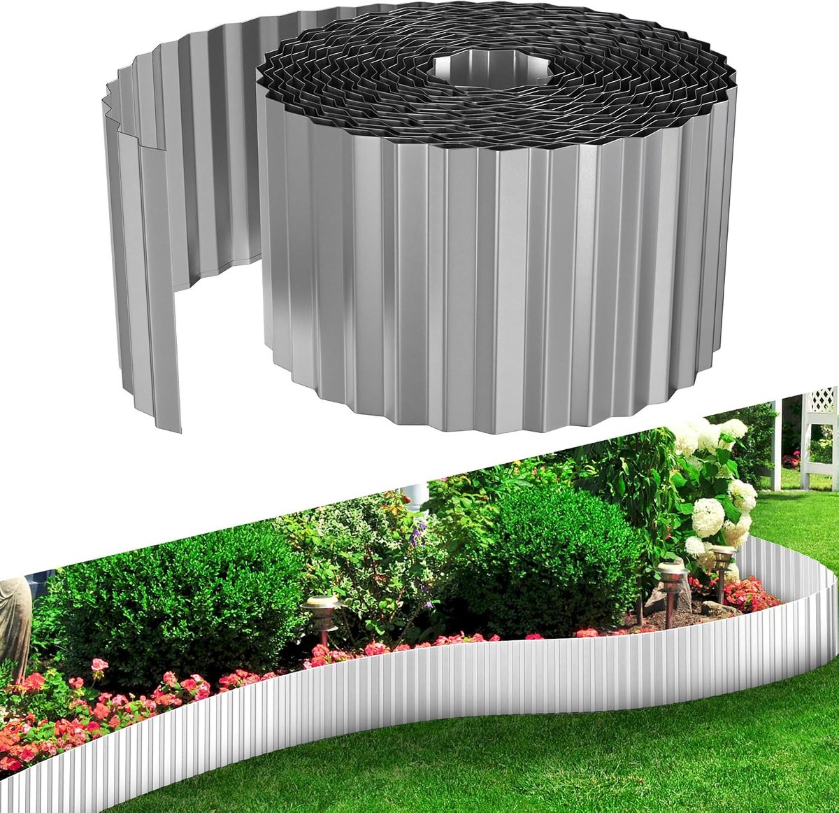 Gazonrand, metaal, 10 m, hoogte 18 cm, verzinkte bloembedrand, flexibele bloembedrand, maairand, wortelblokkering, gazonbegrenzing, tuinpalissade voor tuin en paden, zilver