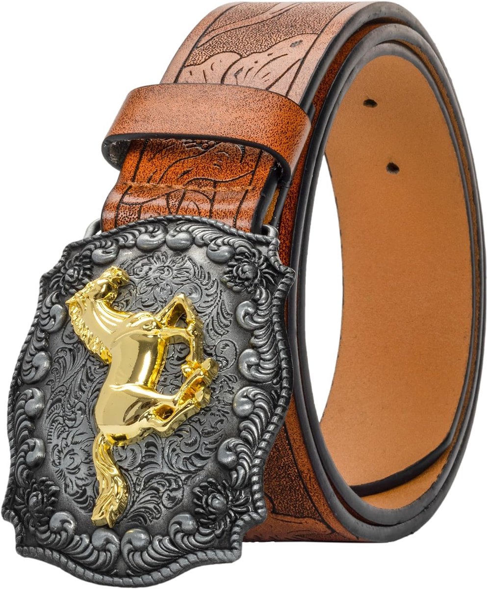 Lederen Cowboygesp Riem voor Mannen Vrouwen Jeans Gegraveerde Bloemen Longhorn Bull Texas Gesp Riem (84-104 cm taille)