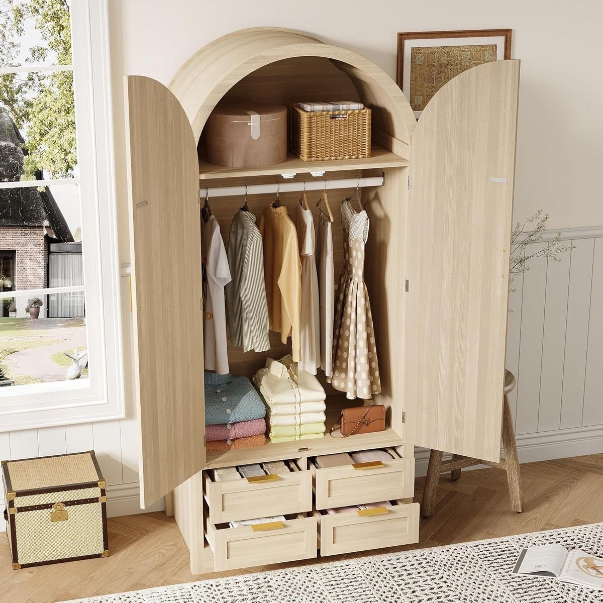 Moderne Kledingkast - Kledingopberger Lade - Slaapkamer Organiseren - Gebogen Deuren Rotan - 179x80x50cm - Eikenhout