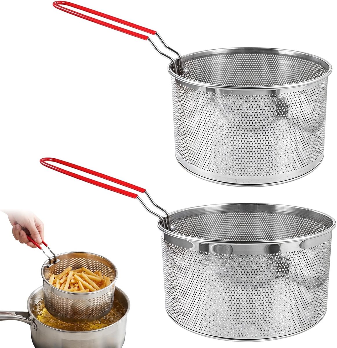 2 stuks frituurmand voor pan, pastagezeef met afneembare handgreep (18 + 20 cm) | Ronde pastamand, roestvrij staal, frietmand, zeef voor frituurmand voor afdruipen, wassen, stomen, frituren, koken