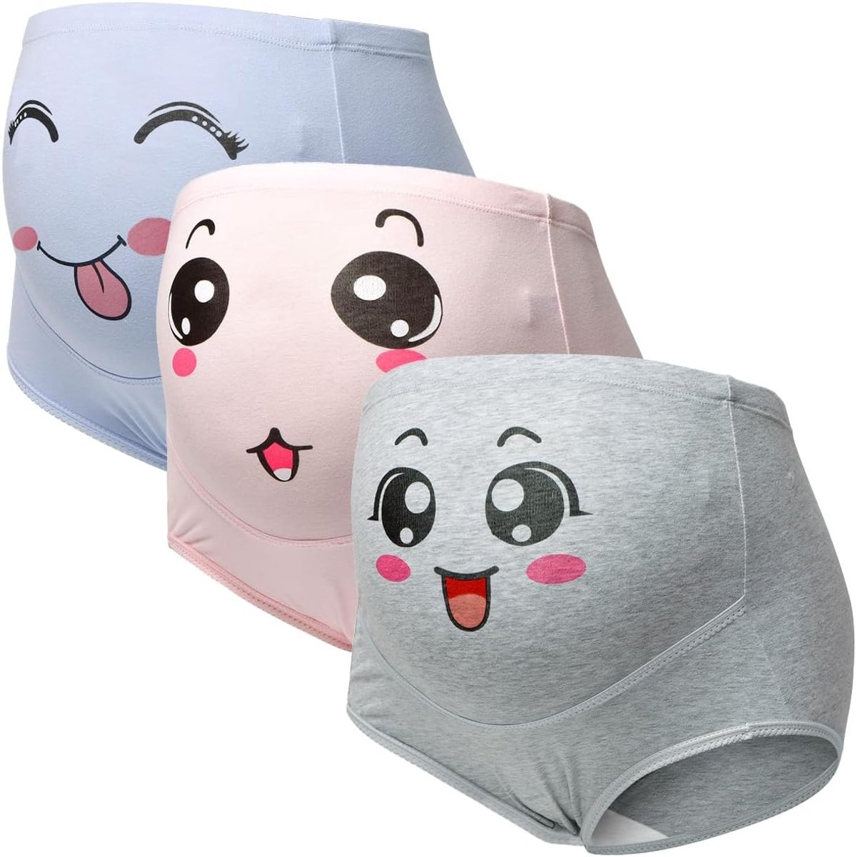 Set van 3 rekbare katoenen zwangerschapsbroekjes, hoge taille, zwangerschapsslip, modieuze buikcontrolebroek met smiley-print