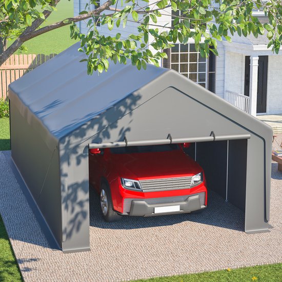Carport – Groot 400 x 765 x 311 cm – Verzinkt Stalen Frame – Grijs – Vrijstaande Overkapping Voor Auto, Vrachtwagen En Boot