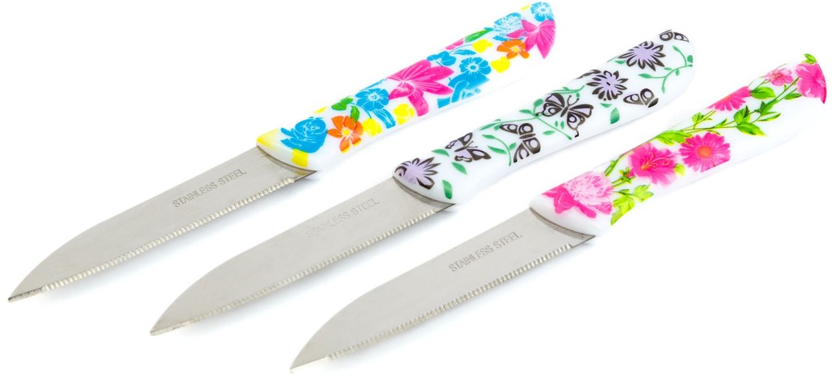 Keukenmes set 16 cm bloemenpatroon 3 stuks RVS schilmesjes snijden snijden en hakken [56317]