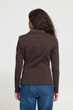 Vrouw van achteren gezien, draagt een bruine blazer en spijkerbroek. Ze heeft krullend haar.