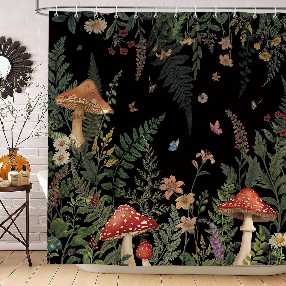 Douchegordijn met paddenstoelen 182 x 180 cm - vintage planten - waterdicht polyester - sfeervolle badkamerdecoratie - ShopVlot