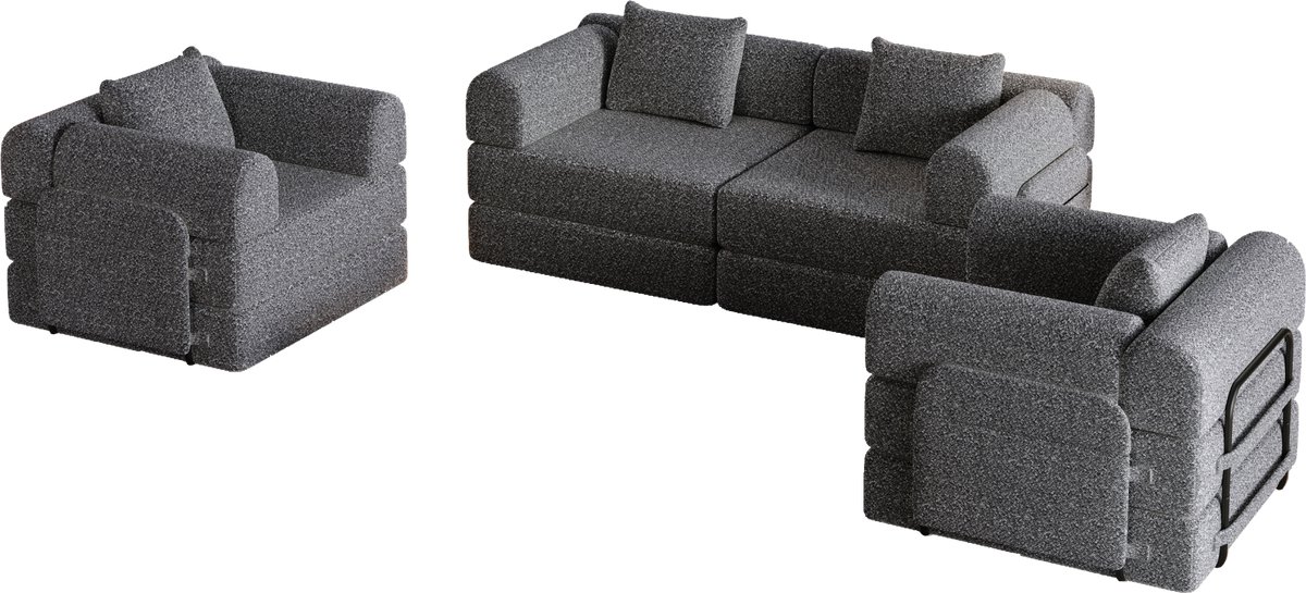 MEUNIQ slaapbank 4-zits van chenille met opbergruimte in de armleuning, metalen frame en 2-in-1 slaapfunctie, grijs