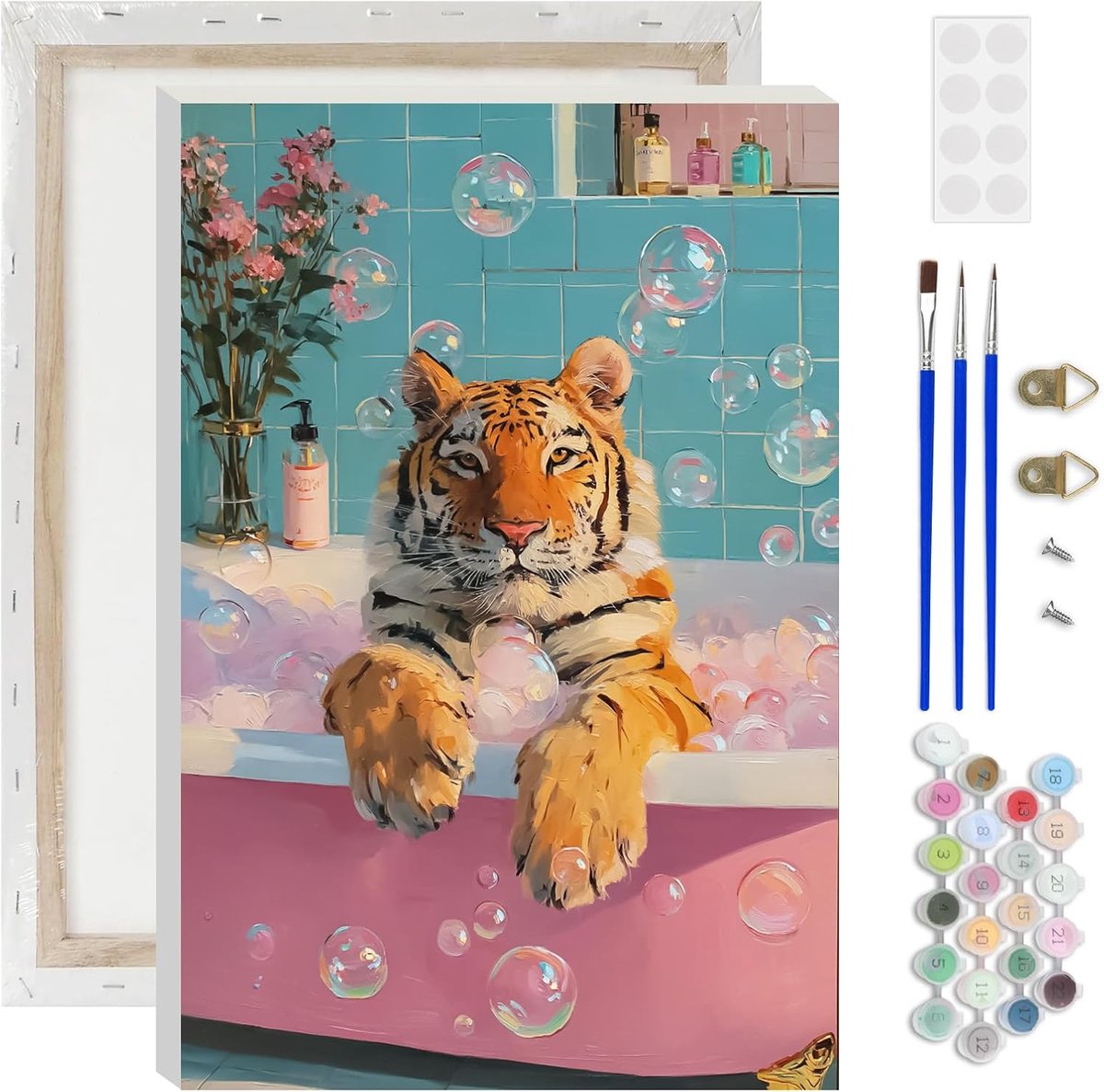 Verf op nummers volwassenen - Pastel badkamer tijger - DIY acryl schilderij set - Leuk voor beginners - ShopVlot