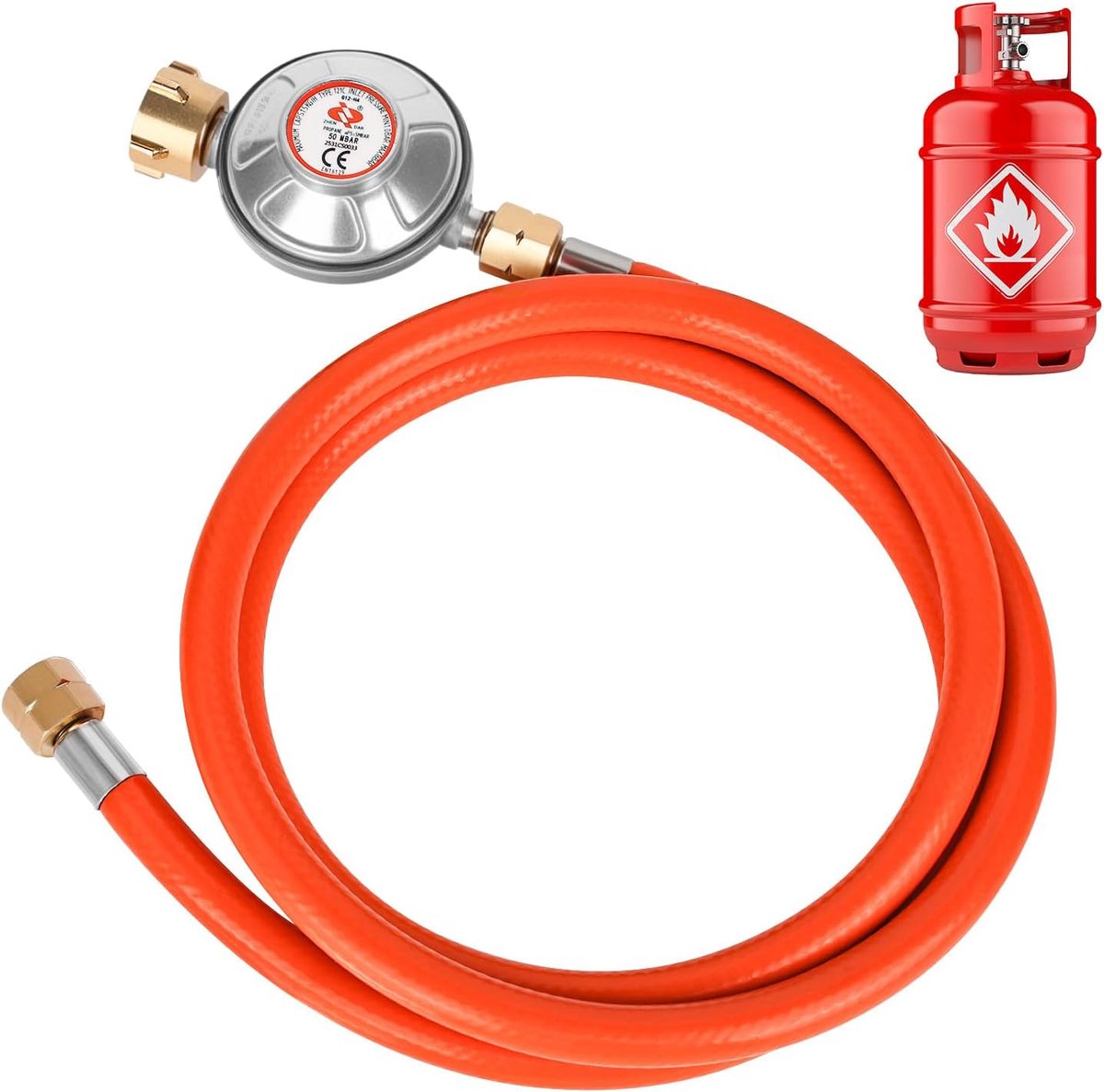 Gasdrukregelaar 50 mbar - 150 cm gas slang - 1/4 inch 19 LH draad - ideaal voor gasbarbecues - ShopVlot