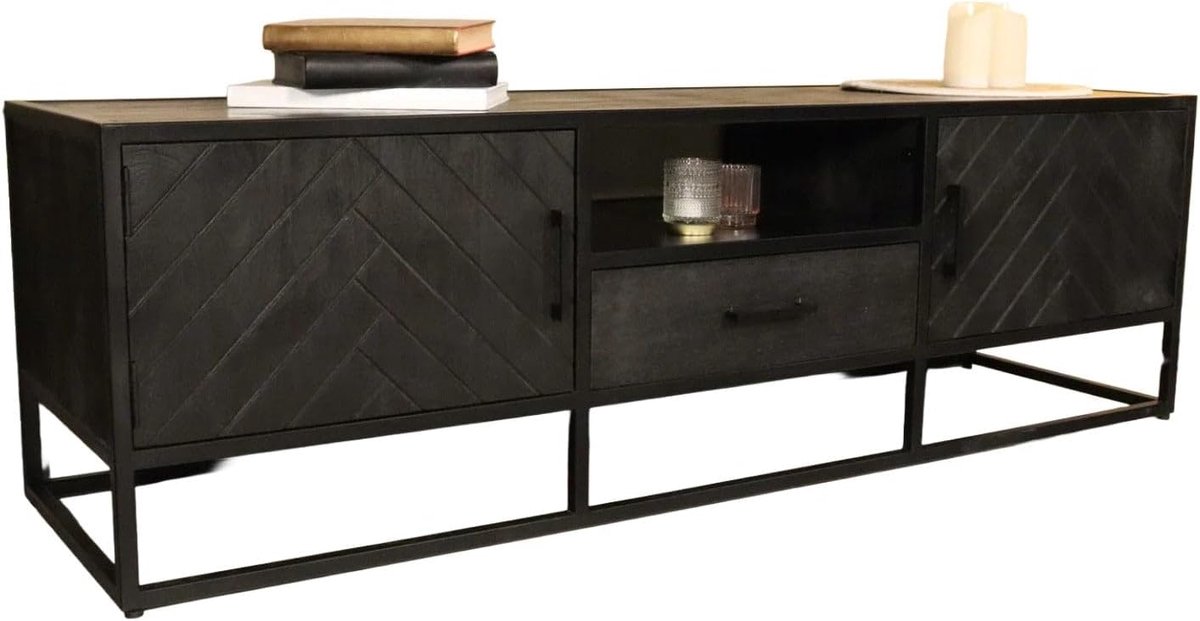 TV kast 165cm - industrieel mango hout - zwart visgraat - eenvoudig te monteren - ShopVlot