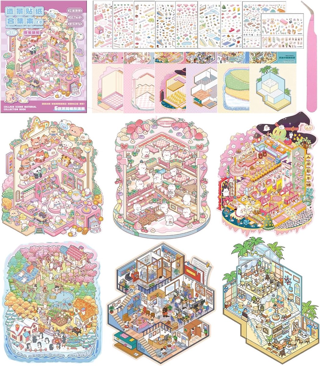 3D huis stickers set - grote versie 3D scènes - schattige cartoon stickers - ShopVlot