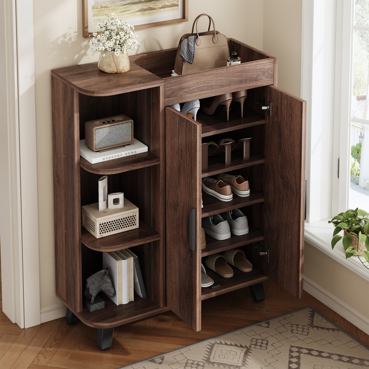 Schoenenkast - Smal Model Met Open Vakken En Dubbele Deuren - Hal En Woonkamer - Walnoot - 80x32x99 Cm