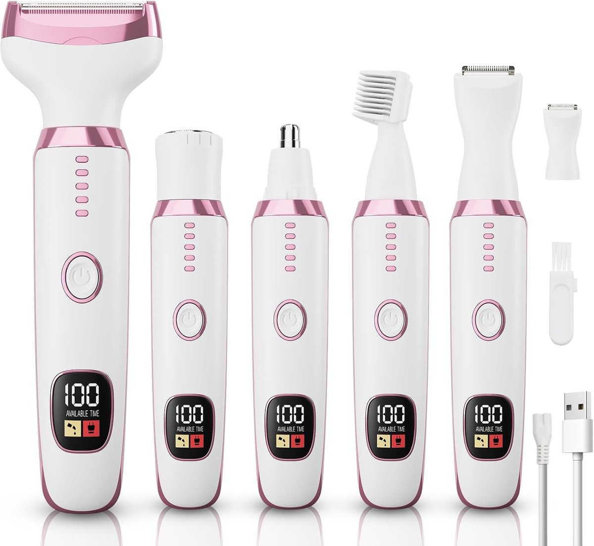 Elektrisch scheerapparaat voor dames 5-in-1, draadloos met verwisselbare gezichts-, wenkbrauw- en neushaartrimmers, nat- en droogtrimmer, verwijdering van schaamhaar, cadeau voor vrouwen 3028A Wit