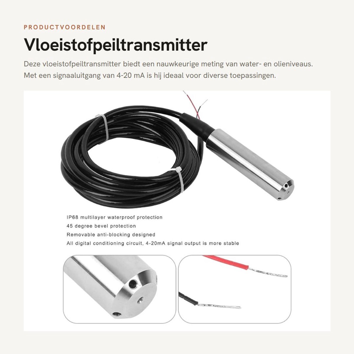 Dailygoods- Vloeistofpeiltransmitter Nauwkeurige Waterolieniveausensor - 24 VDC - 4-20 mA Signaaluitgang - IP68 Waterdicht - 5 Meter Kabel - Schokbestendig Ontwerp - Niveau Sensor