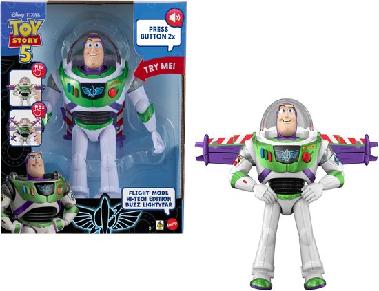 Buzz Lightyear-actiefiguur met vleugels, naast de verpakking met Toy Story 5-logo.