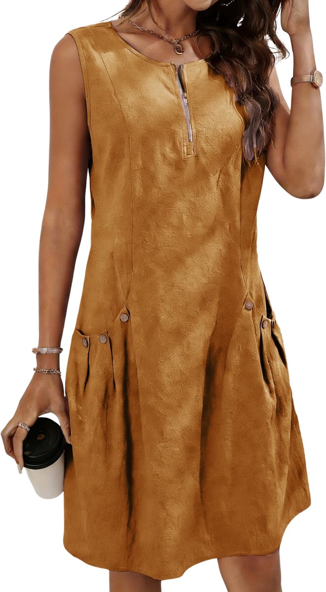 Currero Zomerjurk Dames Zomerjurken Volwassenen Vrouwen Midi Jurk Ibiza Stijl Sundress Dress XXL Geelbruin
