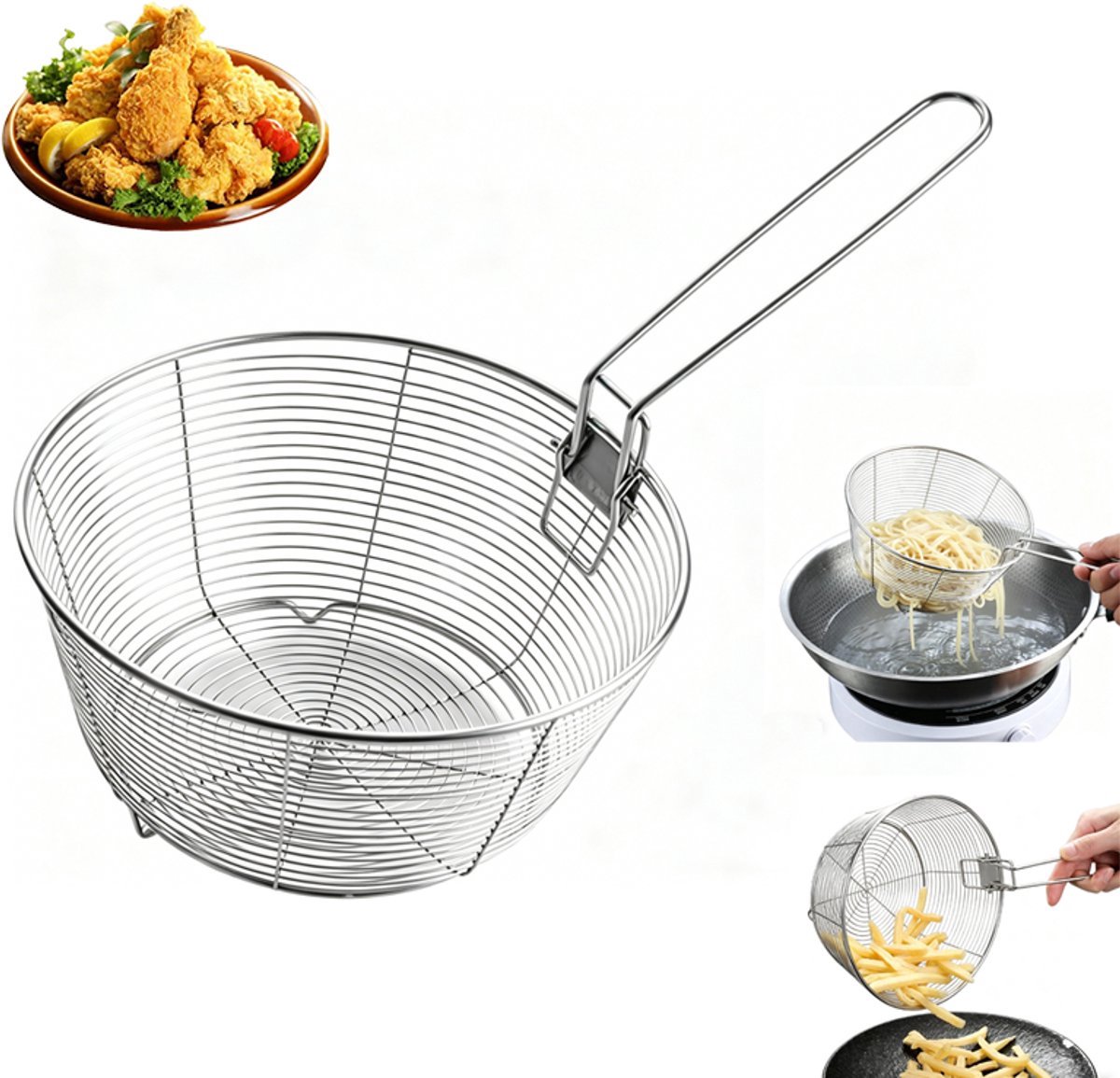 Frituurmand van 304 roestvrij staal, geschikt voor het frituren van friet, gebraden kip, snacks en tempura, met een diameter van 19,5 cm.