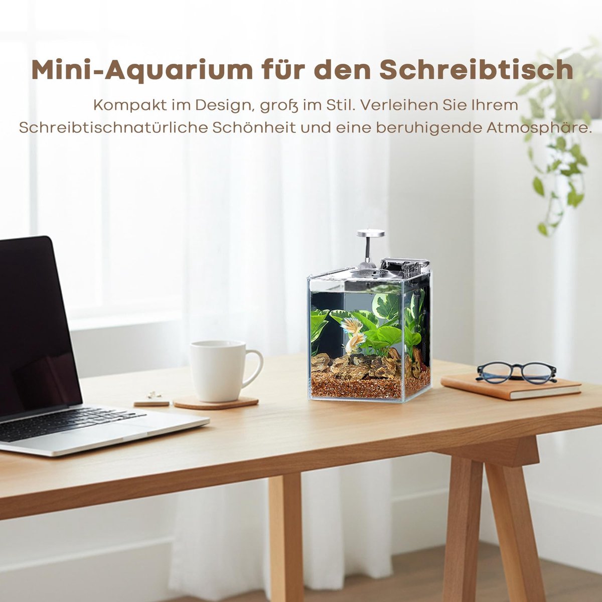 SnelShoppen - Desktop Betta Klein Aquarium Glazen 5 Liter Complete Set met Zelfreinigend Filtersysteem, Helder LED Licht, Grind, Plant en Reinigingsge thumbnail 2