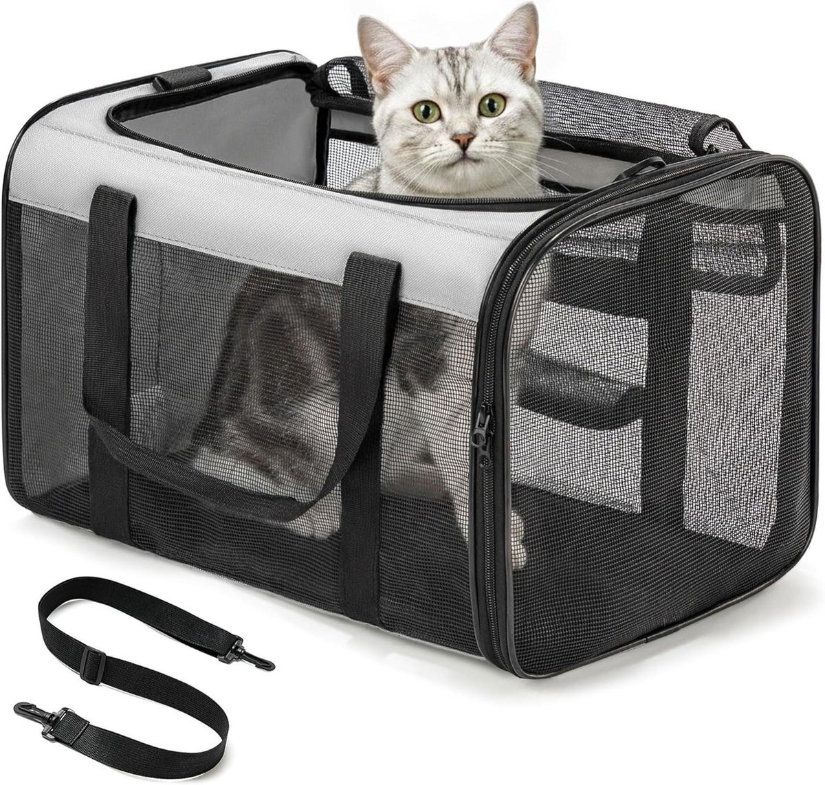 Reismand voor huisdieren - Draagbare Koffer - Comfortabel reizen - Vierzijdig gaas - 43x28x28cm - Grijs