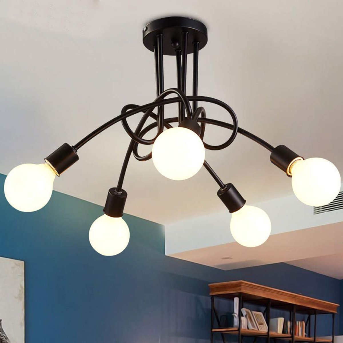 SnelShoppen - Industriële Retro Metalen Kroonluchter Lampenkap E27 - Moderne Hanglamp voor Woonkamer, Slaapkamer, Eetkamer - Zwart - 5 Lampen