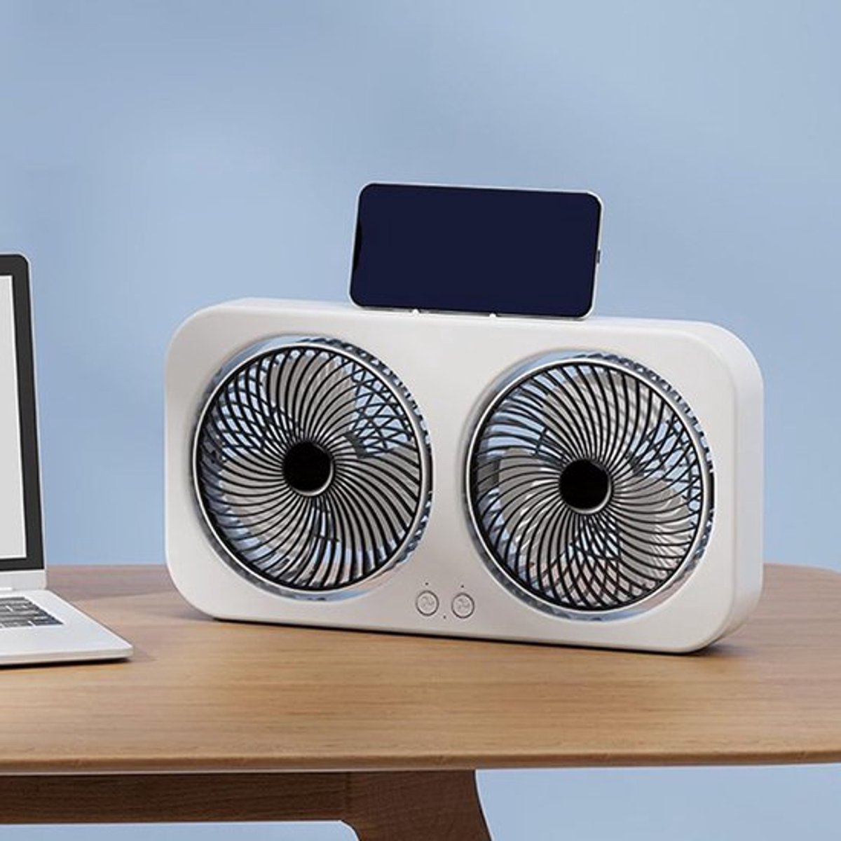 Bureauventilator - Tafelventilator - USB-ventilator - Luchtcirculator - Stil - Oplaadbaar - Drie windsnelheden - Dubbele kop - Geschikt voor kantoor en thuis - Wandmontage mogelijk - Draagbaar - Blauw en wit