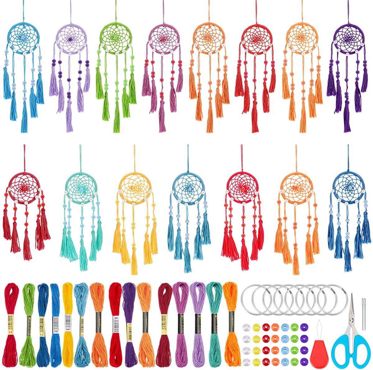 SnelShoppen - DIY Dromenvanger Kit 15 Sets Mini Handgemaakte Dromenvangers in Regenboog Kleuren - Creatieve Ornamenten voor Slaapkamer, Auto Spiegel,