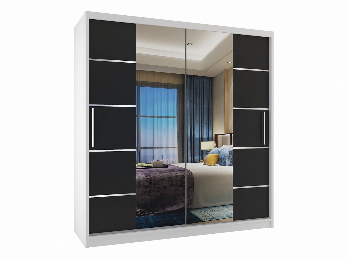 BELINI Verona ME Schuifdeurkast 158 cm Wit/Zwart Mat - Kledingkast met Spiegel - Comfort Line Slaapkamerkast