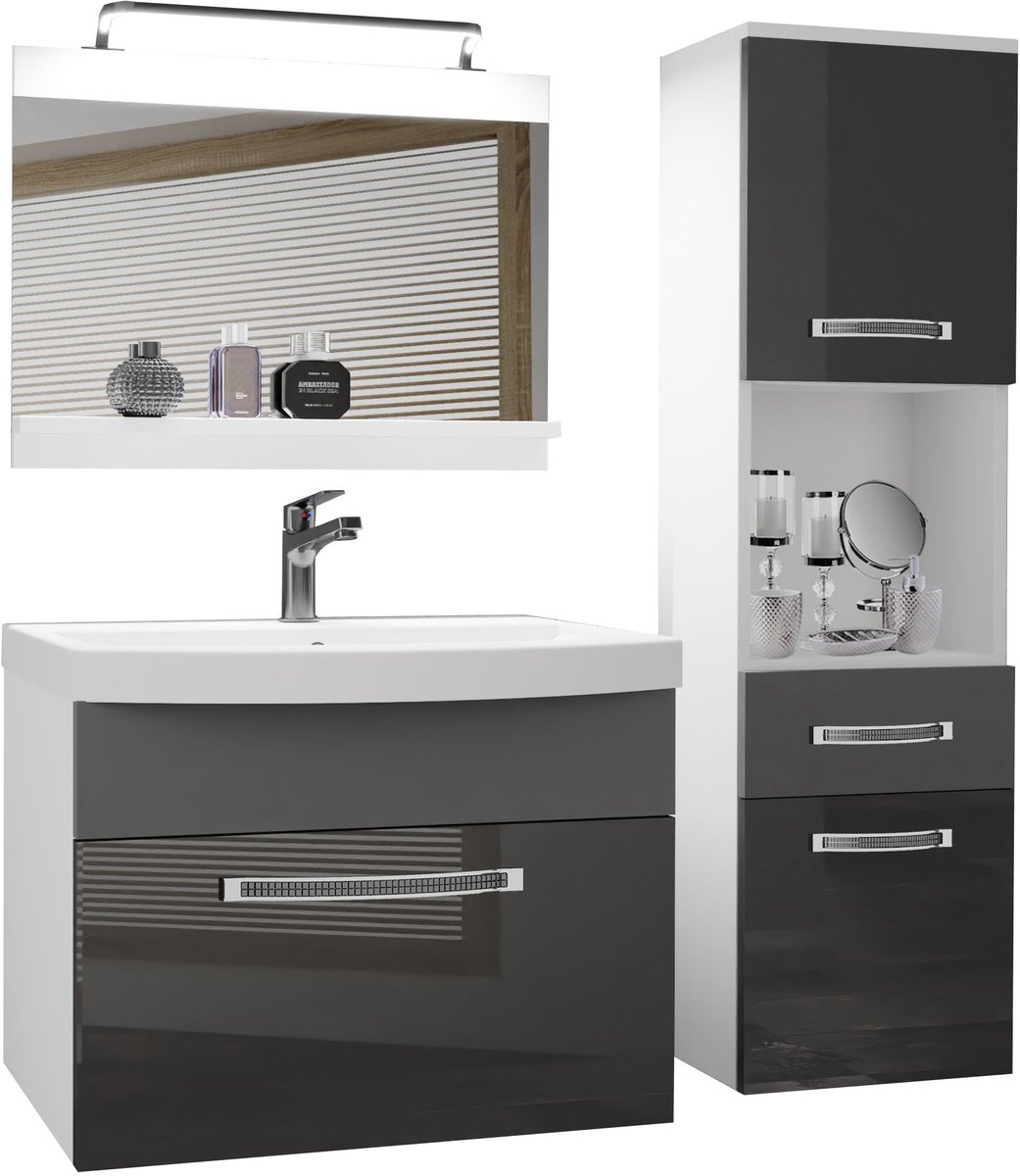 BELINI Badkamermeubel Set GLA PM 3 - Badmeubelset 100 cm Grijs Hoogglans Mat met Wastafel, Spiegel en LED Lamp - Wandmontage