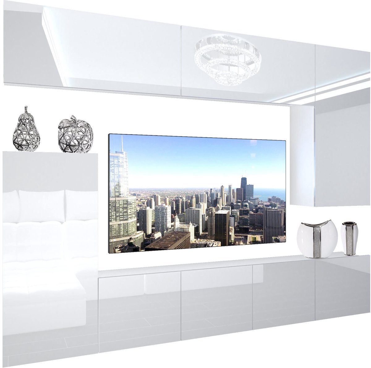 BELINI Wandmeubel NEX 8 - TV-Wandkast Set met LED-Verlichting Wit - Hoogglans Fronten