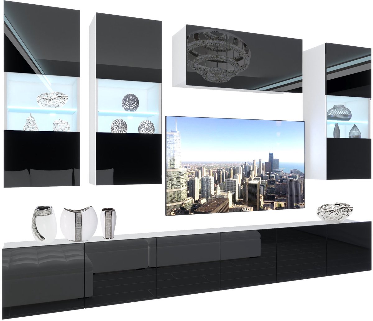 BELINI Wandmeubel NEX 5 - TV-Wandkast Set met LED-Verlichting Zwart - Hoogglans Fronten