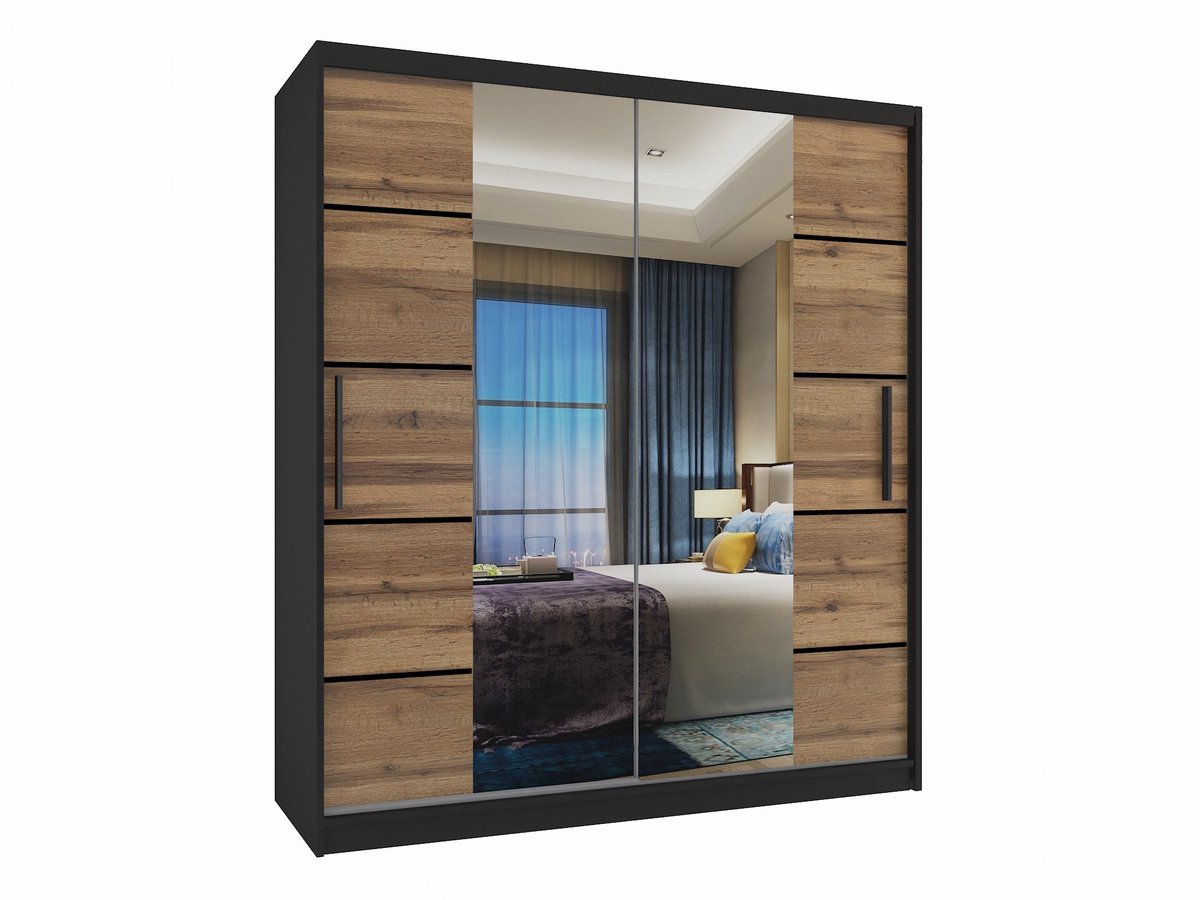 BELINI Verona ME Schuifdeurkast 133 cm Zwart/Goudbruin Mat - Kledingkast met Spiegel - Comfort Line Slaapkamerkast