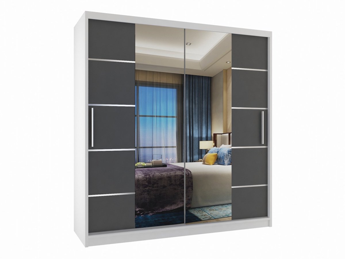 BELINI Verona ME Schuifdeurkast 158 cm Wit/Grijs Mat - Kledingkast met Spiegel - Comfort Line Slaapkamerkast