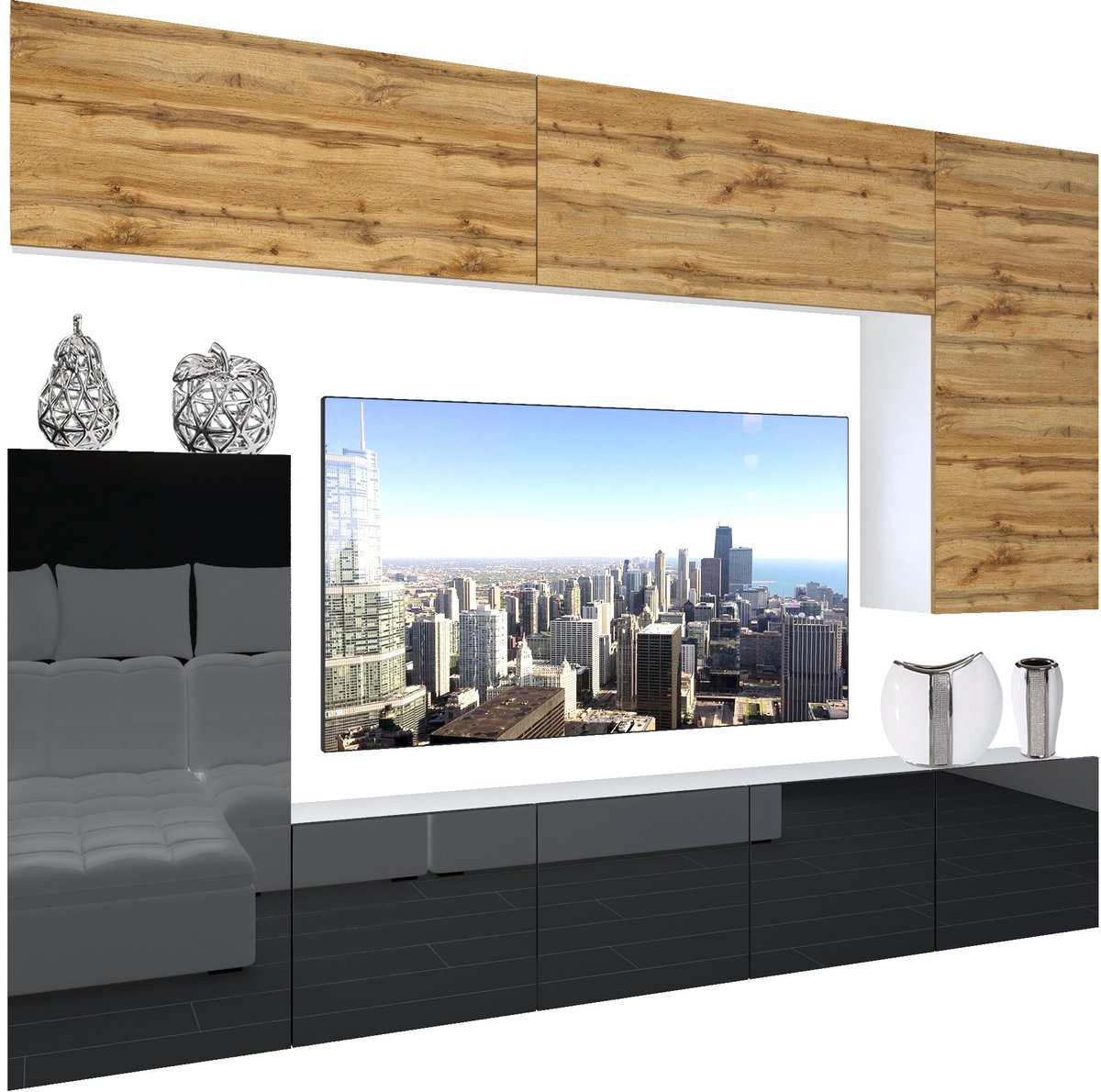 BELINI Wandmeubel NEX 8 - TV-Wandkast Set met LED-Verlichting Wotan Eiken / Zwart - Hoogglans Fronten