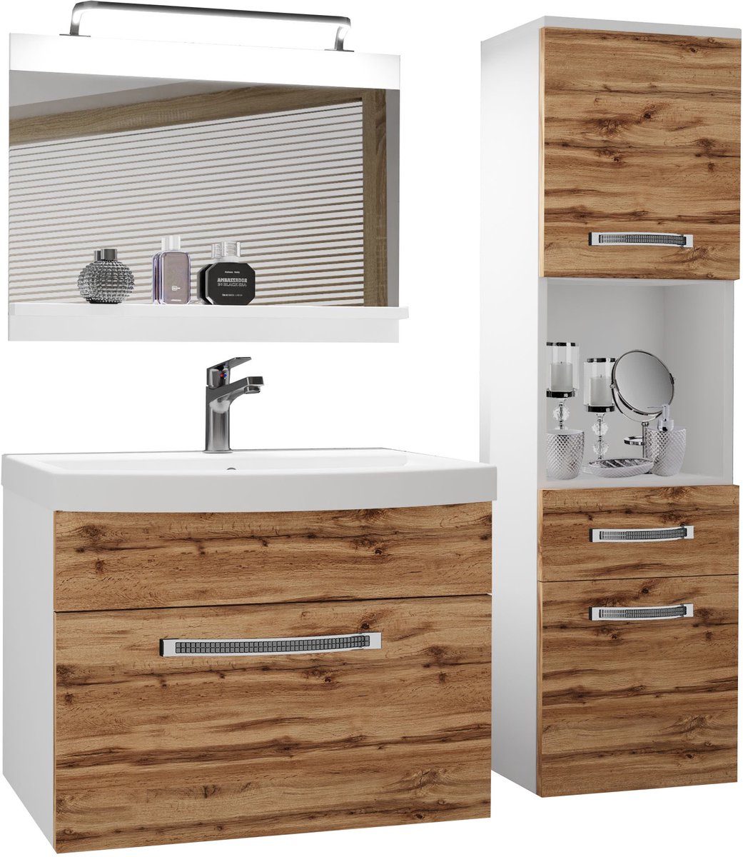 BELINI Badkamermeubel Set GLA M 3 - Badmeubelset 100 cm Wotan Eiken Mat met Wastafel, Spiegel en LED Lamp - Wandmontage