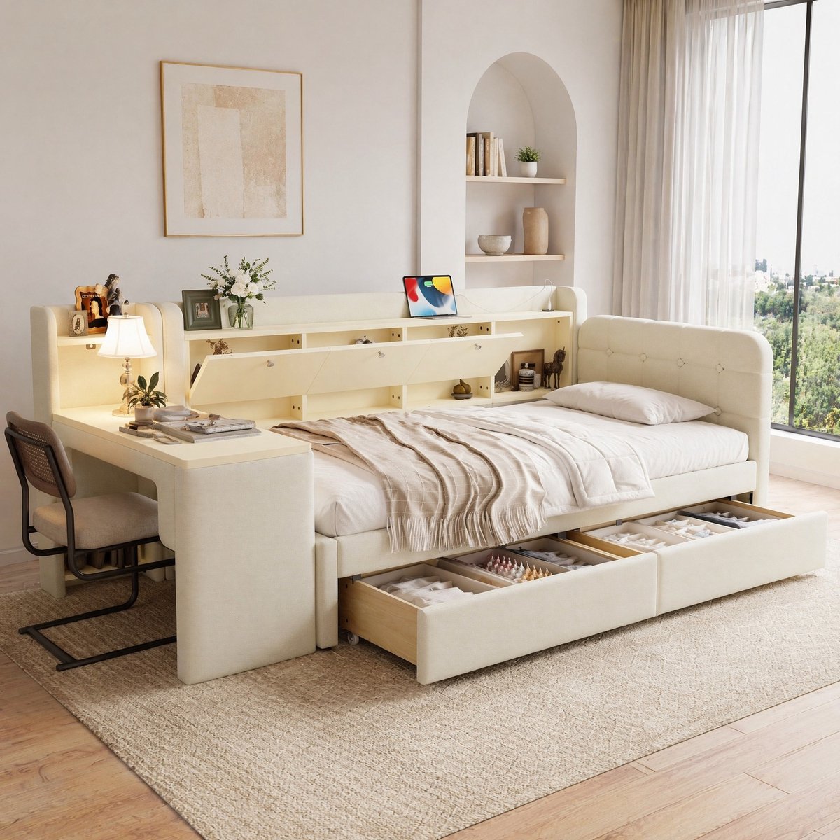 COVREO Bedbank 90x200 cm beige met bureau en lades zonder matras