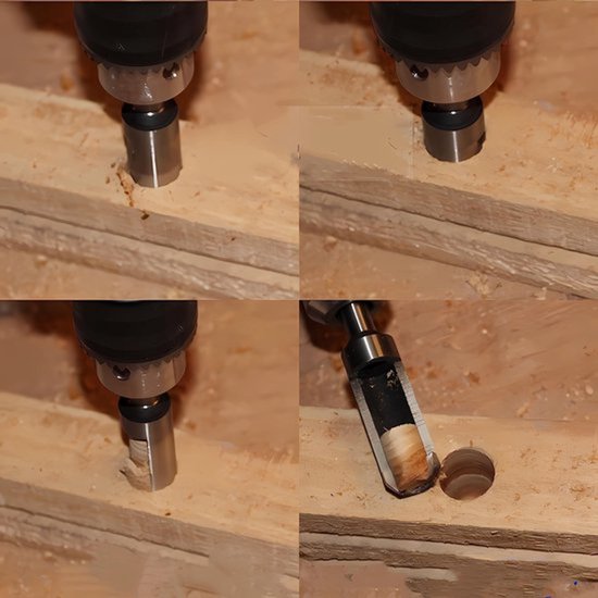 Vier afbeeldingen die laten zien hoe een boor hout zaagt en een perfect ronde plug maakt.
