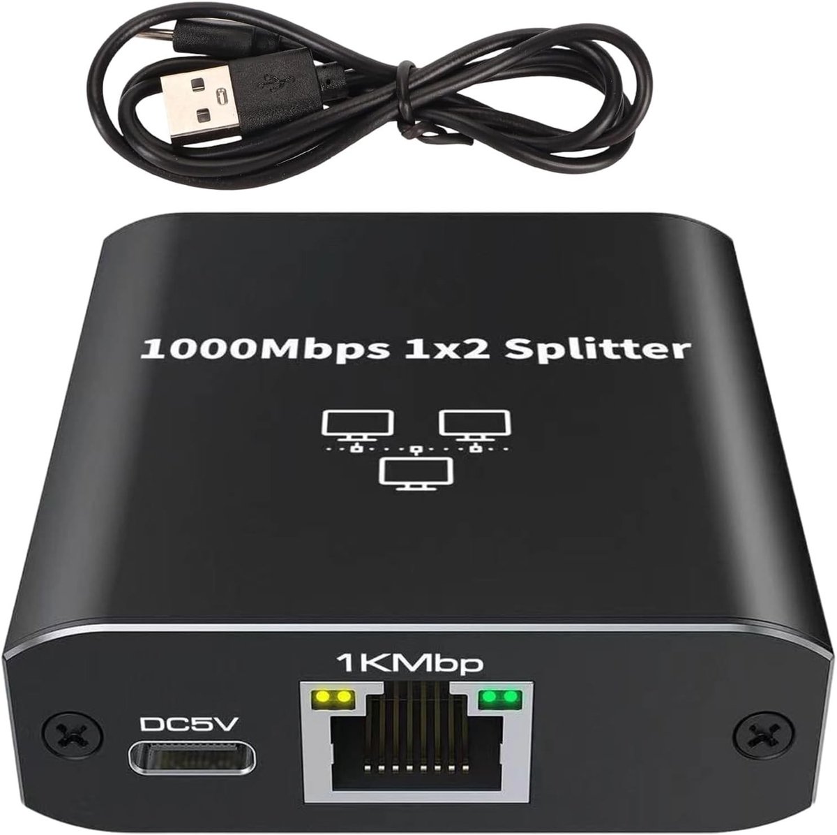 Gigabit Ethernet Splitter 1 naar 2 met Type C Voeding - 1000Mbps Netwerk Switch voor Computer, TV en Router