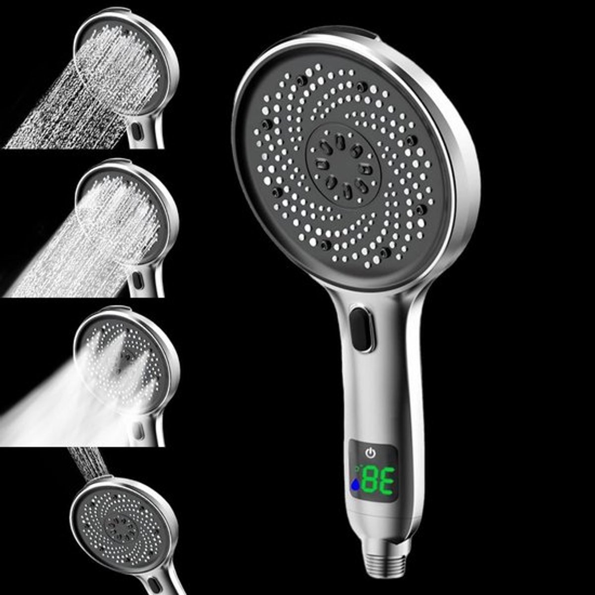 Douchekop met temperatuurweergave, 4 douchestanden, groot filter en hoge druk voor hard water