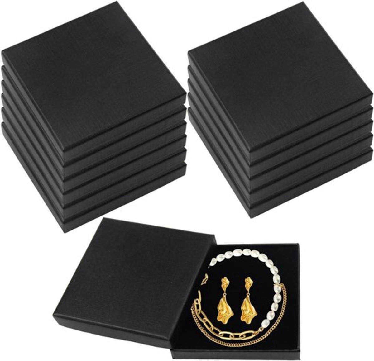Doosjes voor sieraden en oorbellen, zwart 12 stuks - box met schuimkussen en deksel - opbergdoos voor halskettingen - afmetingen 9 x 9 x 1,5 cm.